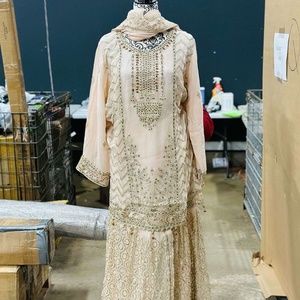 3-Piece Embroidered Crinkle Shirt With Embroidered Dupatta And Sharara Suit, Lig